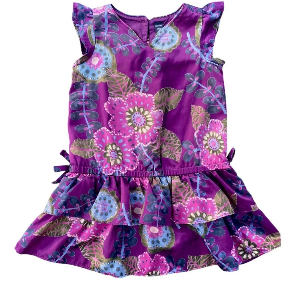 y2k Satin Purple Floral Tiered Ruffle Dress 3T Years